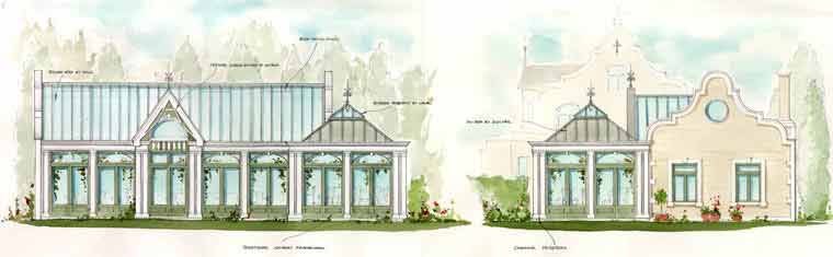 Watercolour elevations of a proposed orangery for planning